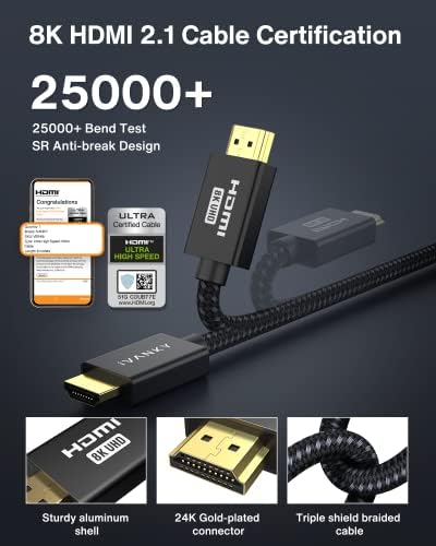 Ivanky 8k HDMI 2.1 כבל 48 ג'יגה-סיביות 3.3ft, כבל HDMI קלוע במיוחד במהירות גבוהה, 4K@120Hz 8K@60Hz EARC HDR HDCP 2.2