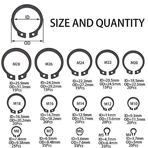 ררינה 340 יחידות הצמד טבעת חנות מבחר סגסוגת פלדה חיצוני מעגל הצמד התמך קליפ טבעות סט, גודל: 4 ממ כדי 28 ממ