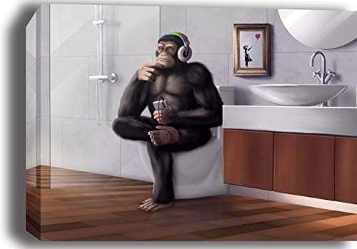 מתנות בלאנש שחור ולבן בנקסי די. ג ' יי חושב קוף יושב על מושב אסלה הדפס אמנות קיר בד-נמתח על מסגרת עץ ומוכן לתלייה-גודל
