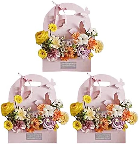 Cheeseandu 3pack Craft נייר מתנה קופסת פרחים, תיק אריזת זר עם ידית עיצוב פרפר אלגנטי יפה אריזה פרחונית תיקים