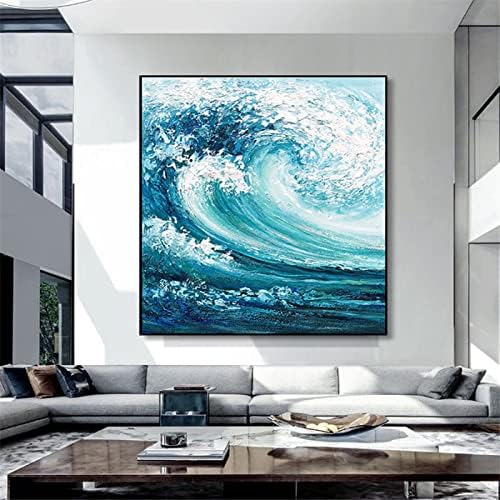Shoujiqq ציור שמן מרקם מצויר ביד - מופשט גל אוקיינוס ​​רקע מרובע יצירות אמנות בגודל גדול על ציור בד לעיצוב מרפסת