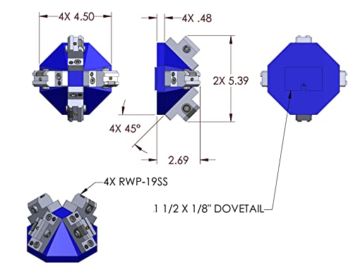 ראפטור רואפ-019-4 על 45 ט 0.375 מתקן זנב משתלב עם בסיס 1.5, מחזיק 4 רואפ-019 ס ס, 45 ד' מצבה, 1 מלחציים, גובה 2.69,