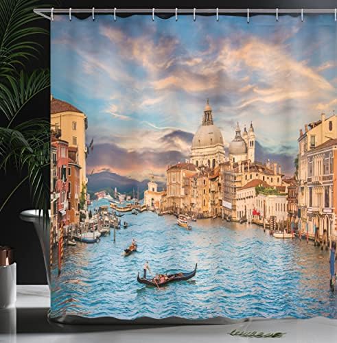 וילון מקלחת אמבסון ונציה, גונדולה על תעלה מפורסמת גרנדה עם נוף למים בערב איטלקי עיר, סט עיצוב אמבטיה בד עם