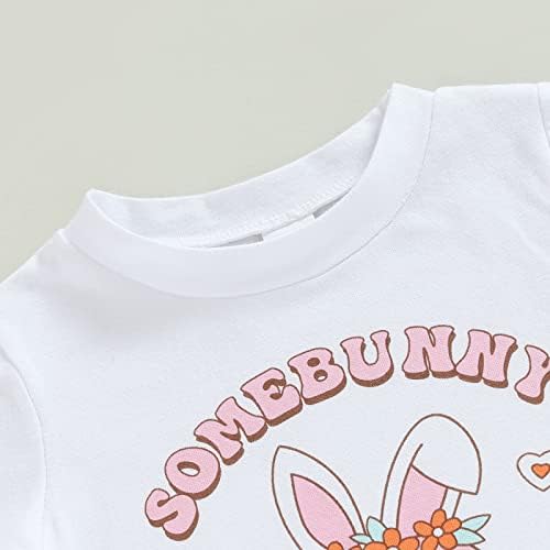 פעוטות תינוקת תלבושת פסחא תלבושת מכתב הדפס סווטשירט עליון ארנב מכנסי התלקחות מודפסים עם סט בגדי קיץ.