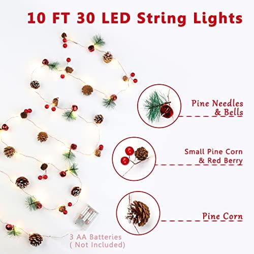 זר חג המולד של Kitcada, 10ft 30 LED אדום פירות חג חג מולד חג המולד אורות מיתר, קישוטי חג המולד מקורה סוללה מופעלת