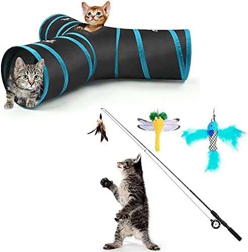 צעצועים לחתולים של Pawaboo, מנהרת חתול צינור 3-כיוונים מנהרות לחתול הניתן להתקפל באוהל משחק עם כדורים ופעמונים+4 חבילות