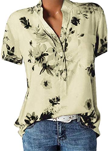 Andongnywell חולצות כפתור נשים שרוול קצר מזדמן V צוואר פלוס גודל חולצות חולצות עם כיס עם כיס