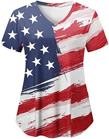 4 ביולי חולצות לנשים דגל אמריקאי קיץ שרוול קצר עם 2 כיסים חולצות בגדי עבודה מזדמנים לחג