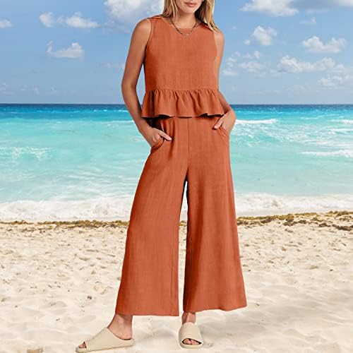 מכנסי סתיו של KCJGIKPOK מוגדרים לנשים לנשים קיץ 2 תלבושות תלבושות ללא שרוולים טנק יבול יבול ומכנסי רגליים רחבים