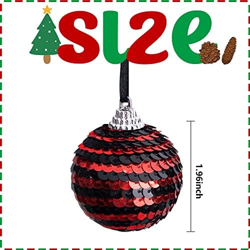 12 יחידות כדורי נצנצים שחורים ואדומים, 1.96 כדורים תלויים משובצים באפלו, קישוטי עץ משובצים לחג המולד התפוצץ לחג המולד.