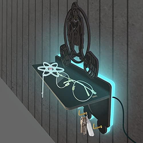 חדר הכושר של הימים החנונים גורילה הרמת משקולות LED מודרני מחזיק מפתח זוהר לקיר, מתלה מעיל כובע מעץ עם קיר עם מדף מארגן