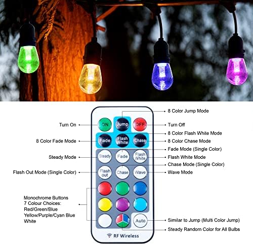 אורות מיתר RGB חיצוניים 48ft עם 15 S14 E26 נורות LED אטומות למים ， אורות מיתרים אורות פטיו עם שלט רחוק לביסטרו בחצר האחורית
