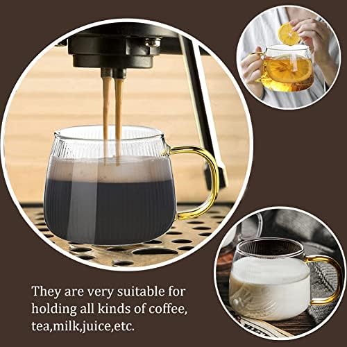 סט ספלי קפה מזכוכית של 4, ספלי תה מזכוכית בורוסיליקט, כוסות זכוכית שקופה עם פס אנכי גדול של 15 אונקיות עם ידית ענבר למשקאות