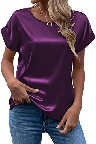 נשים של קיץ חולצות אלגנטי מוצק עגול צוואר התגלגל קצר שרוול סאטן משי חולצה חולצות חולצות אופנה 2023