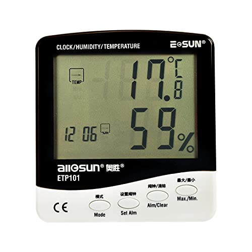 Allosun שעון מעורר דיגיטלי תרמו-היגרומטר LCD טמפרטורה מד לחות עם פונקציית אחסון נתונים, לבן