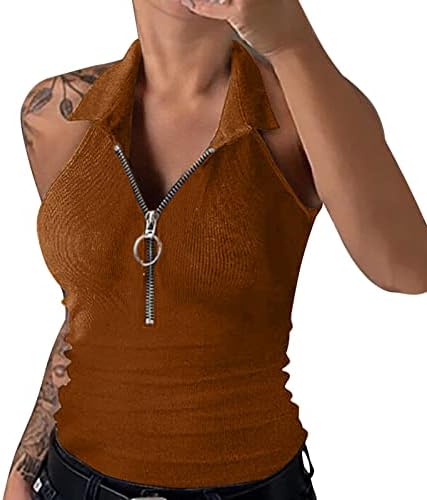 MTSDJSKF גופיות מצולעות לנשים רוכסן הרוכסן החולצה הצווארון חולצה ללא שרוולים סקסית סקסית חולצה בכושר פלוס גופיות בגודל