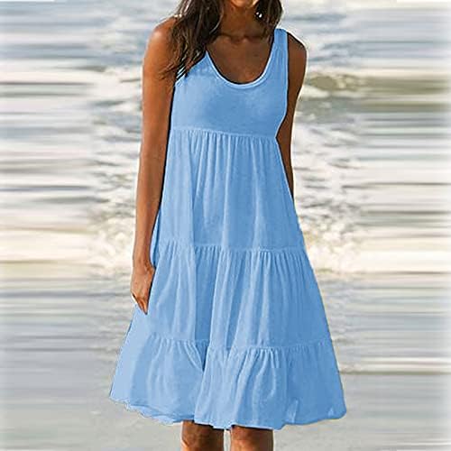 נשים חוף מיני שמלת אופנה בצבע אחיד ראפלס שמלת חולצת חולצה קיץ ללא שרוולים רופפים חגורה מזדמנת