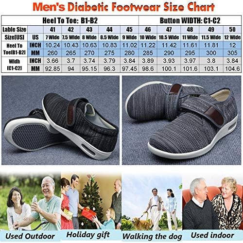 נעלי סוכרת לגברים של W & Lesvago עם סגירות מתכווננות, נעלי הליכה ברוחב רוחב לא החלקה קל משקל לבצרה קשישה פלנטרית