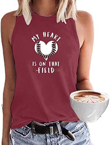 הלב שלי נמצא על חולצות שדה לנשים גופיות טנקים מצחיקות בייסבול חמוד מודפס בקיץ טנקי חולצת קאמי ללא שרוולים