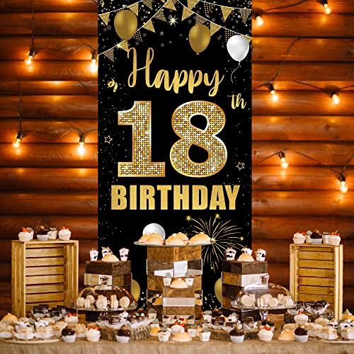 תפאורה של דלת יום הולדת 18, קישוטי יום הולדת 18 מאושרים לבנות בנות בנות זהב שחור, מפלגת יום הולדת בת 18 אבזרי