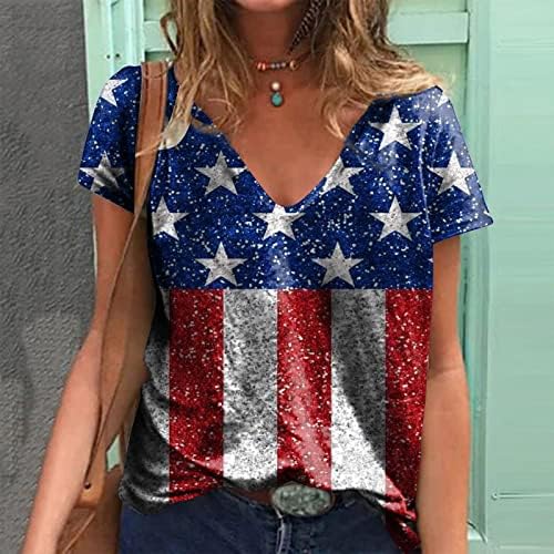 4 ביולי חולצות נשים, חולצות הקיץ של נשים מקרית שרוול קצר חולצת טריקו עם צווארון דגל חולצות יום העצמאות