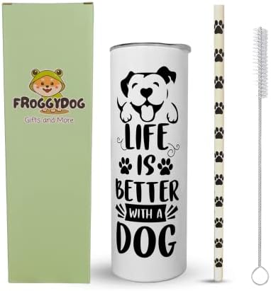 כוס כלבים מצחיקה / החיים טובים יותר עם כלב / כוס מבודדת 20 עוז עם קש ומברשת הדפסת כפות / מתנות לכלבים חמודים /