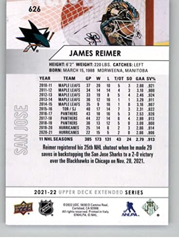 2021-22 סיפון עליון מורחב 626 ג'יימס ריימר סן חוזה כרישים כרטיס מסחר בהוקי NHL