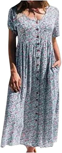 נשים 2023 שמלת קיץ בוהמייה פרחונית צוואר כפתור למטה שמלת חוף מקסי עם כיס עם כיס עם כיס