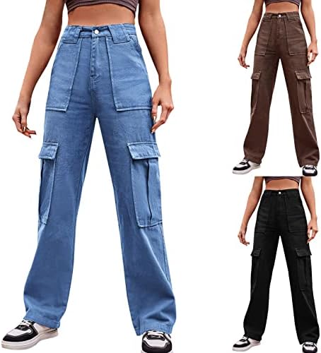 מכנסי מטען של KEUSN נשים מותניים גבוהות מכנסי מצנח נמוכים נשים נשים מרובות כיסים מכנסיים רחוב רופפים בגדי רחוב