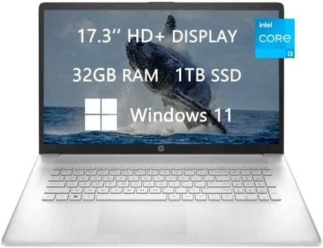 HP 17 HD+ מחשב נייד, 2023 השדרוג החדש ביותר, אינטל Core I3-1125G4, 32GB RAM, 1TB SSD, מצלמת רשת, Wi-Fi, HDMI, USB-C, תשלום מהיר,