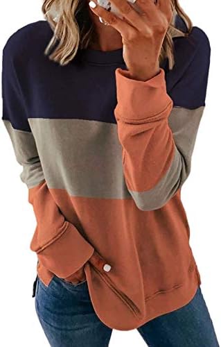 נשים צווארון עגול חולצות צבע בלוק פסים מודפס סוודר מזדמן רופף צד פיצול חולצות ארוך שרוול חולצות