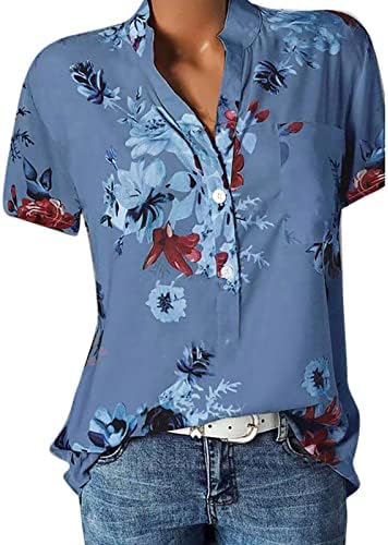 חולצות קיץ לנשים שרוול קצר רופף התאמה S-5xl כפתור מזדמן פרחוני פרחוני למטה צוואר צוואר צוואר צוואר