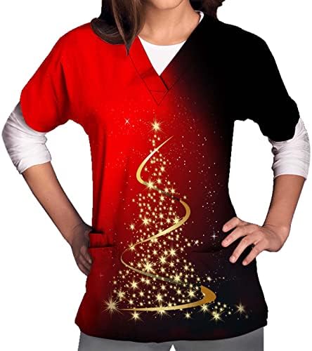 חולצות חג מולד לנשים שרוול קצר מזדמן צווארון v-צווארון מדים לעבוד חג המולד טוניקה חולצה חולצה