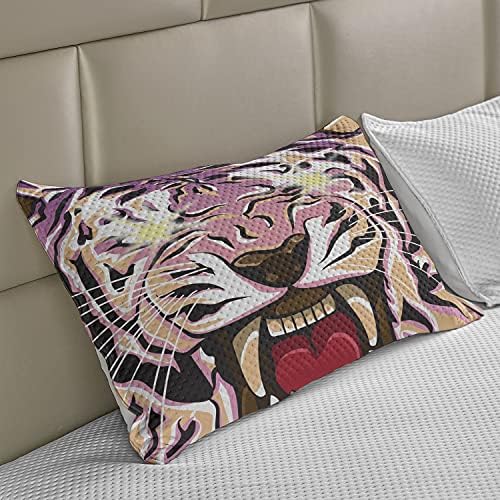 כרית כרית סרוגה של Ambesonne Tiger, איור מאקרו בסגנון של פנים חיות ג'ונגל חזקות עם צבעים מופשטים, כיסוי כריות בגודל קינג