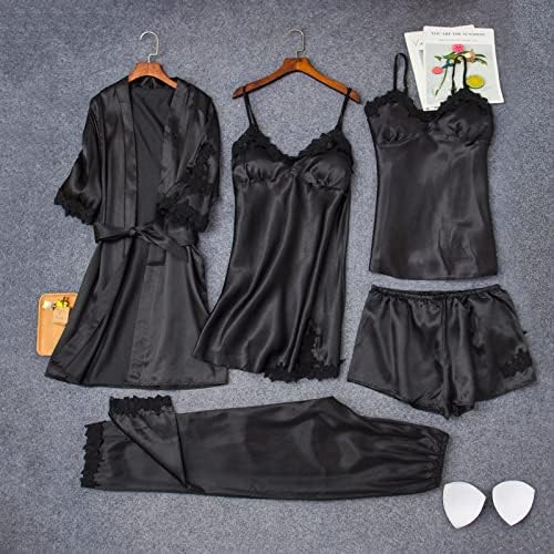 חליפת פיג'מה של 5 חלקים של נשים סאטן פיג'מה סט תחרה פרחונית לקצץ קמאי מכנסיים עליונים עם תלבושות טרקלין של חלוק