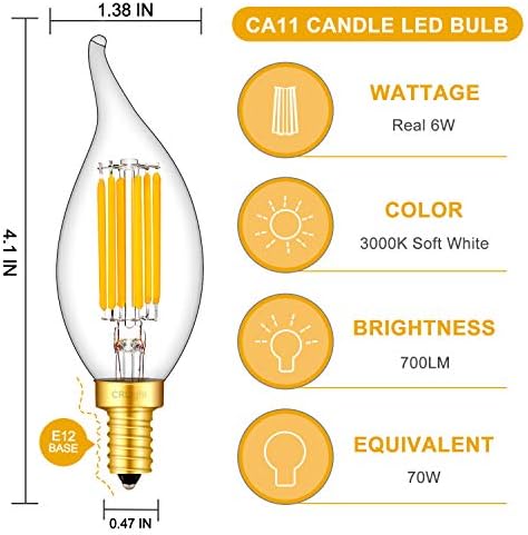 אור 6 וולט מנורת מנורה 3000 קראט לבן רך, 70 וואט שווה ערך 700 ליטר, 12 נורות נברשת לד הניתנות לעמעום, זכוכית