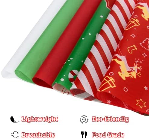 180 גיליונות נייר טישו לחג המולד לשקיות מתנה 20 על 20 בתפזורת נייר עטיפה לחג למתנות, לבן, אדום, ירוק, פס אדום, סנטה,