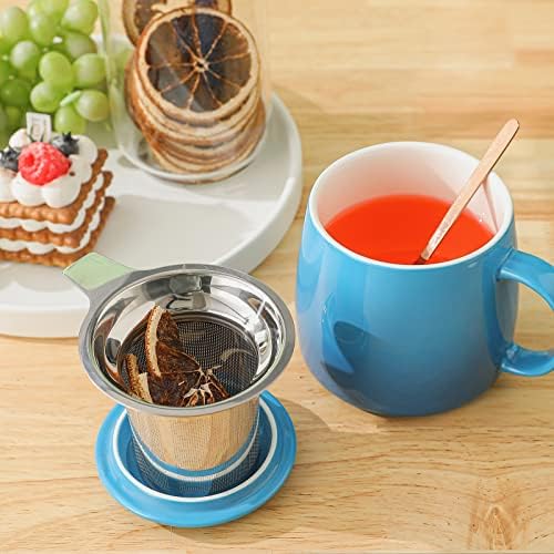 כוס תה קרמיקה ביתית עם חליטת עלים רופפים, כף ומכסה, 15 אונקיות, ספל חליטת תה גדול לתה, קפה, חלב-מיקרוגל ומדיח כלים