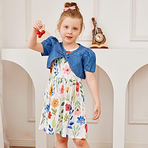 פעוט שמלת ילדה קרדיגן 2 חתיכה ילדה פרחוני הדפסת שרוולים שמלת מצולעים קרדיגן סט 18 חודשים-6 שנים