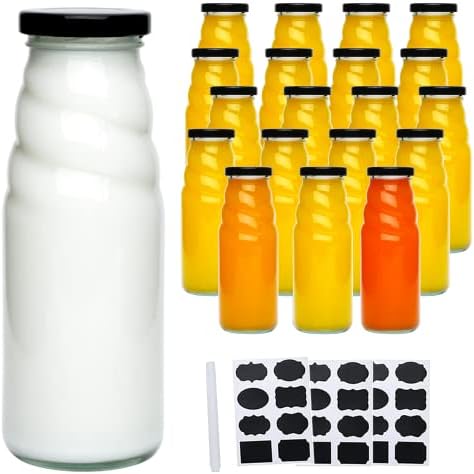 בקבוק חלב זכוכית Qappda 11oz עם מכסים, סט של 20 בקבוק זכוכית צלולה עם מכסים מתכת שחורים, 350 מל בקבוק שתייה משקה וינטג