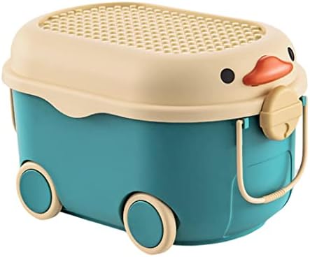 קופסת אחסון בצורת ברווז מצוירת עם גלגלים מיכל רב תכליתי נייד למשתלת חדר משחקים, כחול אמצע