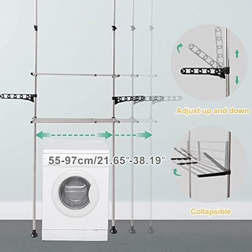 Baoyouni 2-שכבות מדף כביסה מתכוונן מעל לשירותים מכונת כביסה מתלה מתלה מתח מתח חדר אמבטיה מארגן שומר עם בגדים מגבות