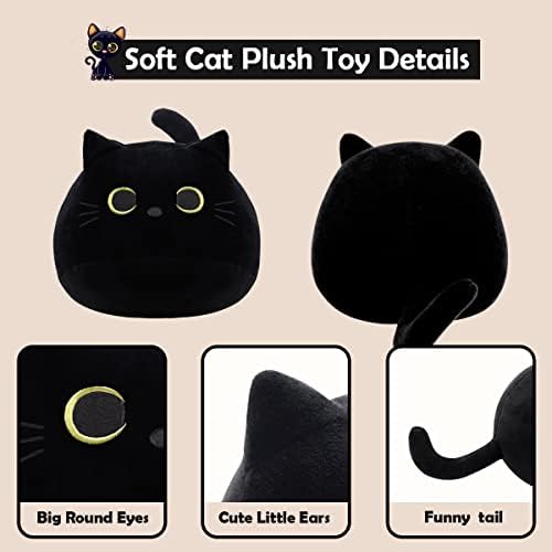 כרית צעצוע של בעלי חיים ממולאים בתלת מימד, כרית צעצוע של בעלי חיים, 8 אינץ 'קטיפת חתול שחורה שומן, צורת חתול