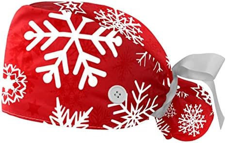 פתית שלג על אדום 2 חבילות כובע עבודה עם כפתורים, מחזיק קוקו של כובע קרצוף מתכוונן לנשים שיער ארוך, גודל אחד