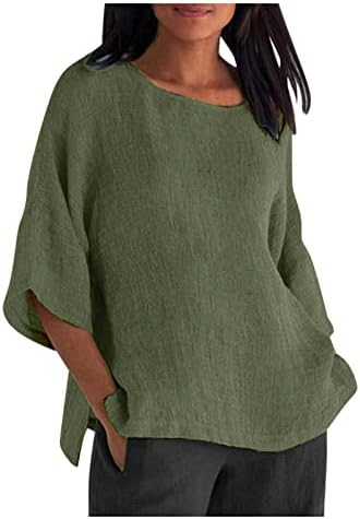 נשים של כותנה פשתן חולצות רופף 3/4 שרוול חולצה בתוספת גודל קיץ חולצות מוצק גרפי טיז עגול צוואר חולצה למעלה
