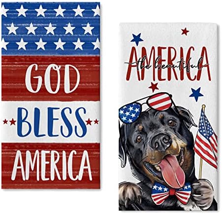 Seliem 4 ביולי אלוהים יברך אמריקה כלב פטריוטי מטבח מטבח מגבת סט של 2, אמריקאי רוטווילר כוכבי מגבת כוכבי יבש ייבוש אפייה בד