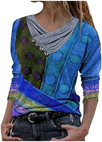 חולצות Beibeia לנשים דש אופנה גיאומטרי שרוול ארוך הדפס מזדמן רוכסן רוכסן רב צבעוני קיצוני חולצת טשט