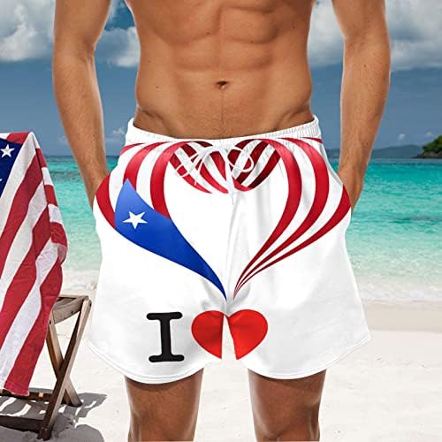 מכנסיים קצרים של 4 ביולי לגברים מזדמנים 2 ב 1 בגדי חוף מותניים אלסטיים קלים משקל קל משקל ארהב דגל חליפות שחייה עם