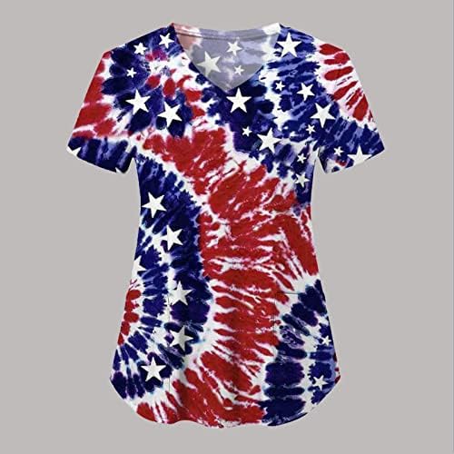 4 ביולי חולצת טי לנשים דגל ארה ב קיץ חולצת טי עם צווארון שרוול קצר עם 2 כיסים חולצות בגדי עבודה מזדמנים לחג