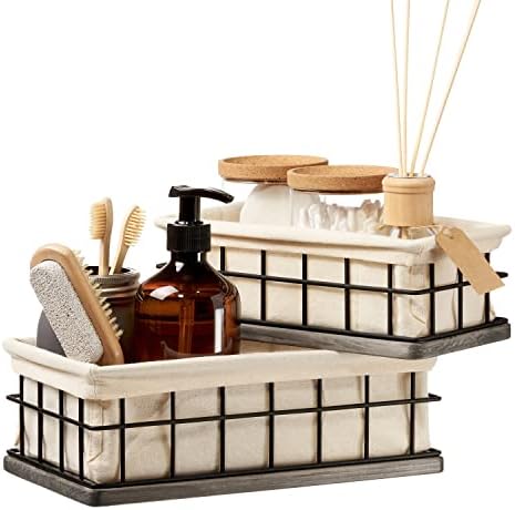 סט סל תיל עיצוב אמבטיה של 2 - סלי עץ עם ספינות לארגון - מחזיק נייר טואלט כפרי מעץ לעיצוב מטבח אמבטיה, אחסון נייר טואלט